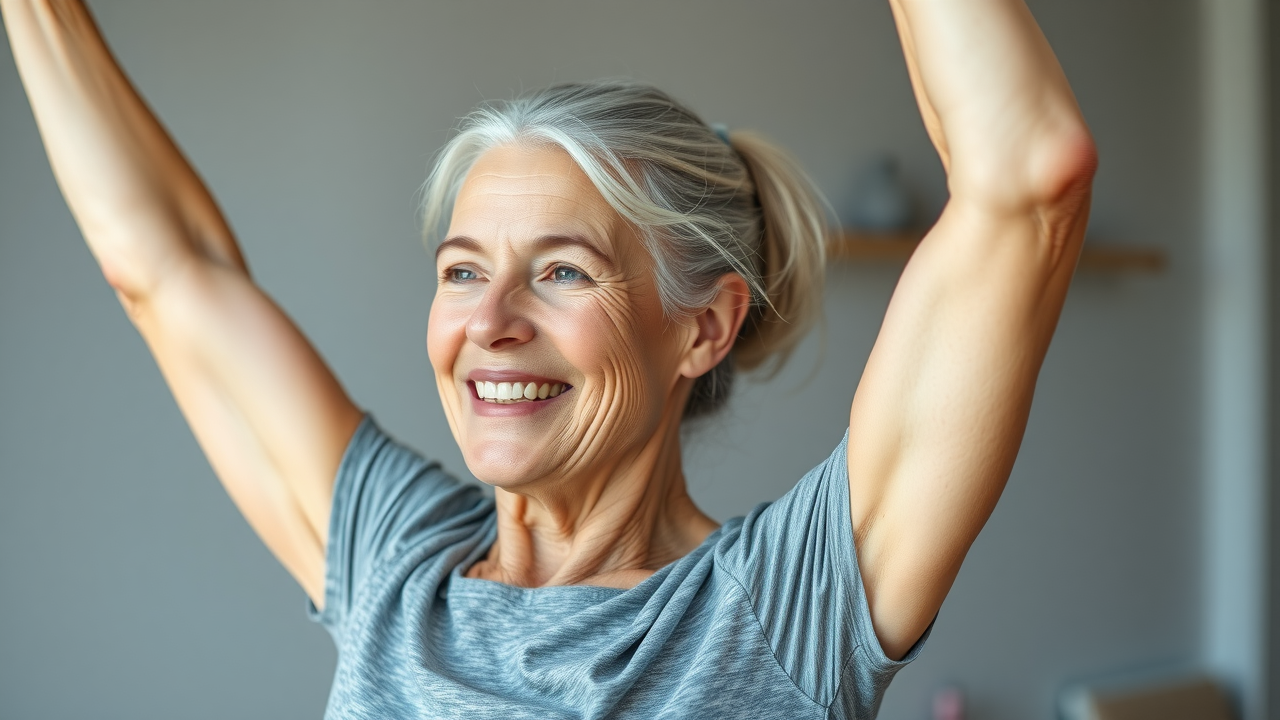 happy Elderly woman with silver hair tied back, wearing comfortable athletic clothing, focused and serene expression, performing gentle stretching exercises, 