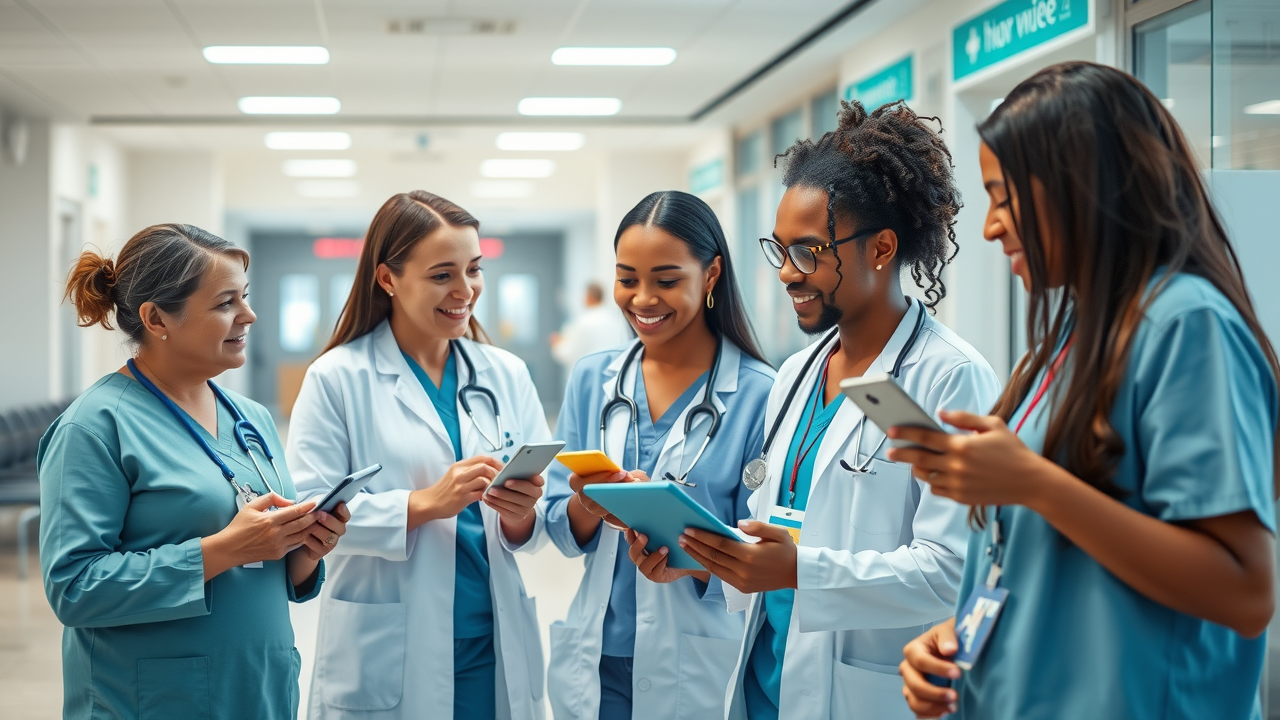 modern hospital environment showing diverse healthcare providers and patients using digital patient communication tools