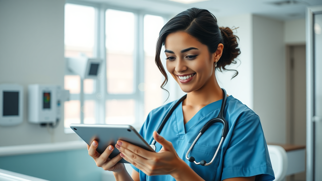 A nurse sending a secure message to a patient via a tablet, with notifications and icons symbolizing digital communication
