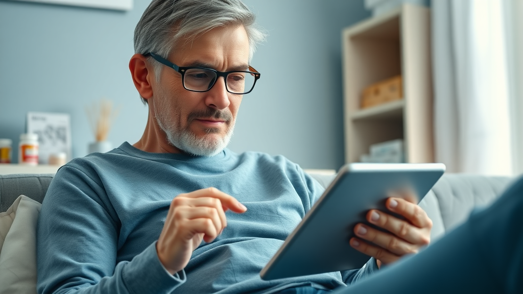 patient accessing a patient portal for improved patient engagement on a tablet, confident and engaged