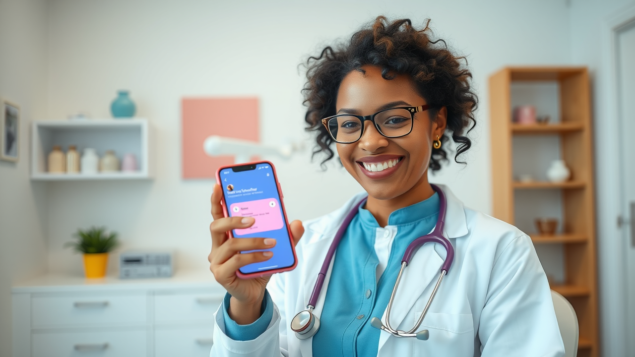 happy doctor sending an appointment reminder on her phone, demonstrating improved patient experience with communication tools
