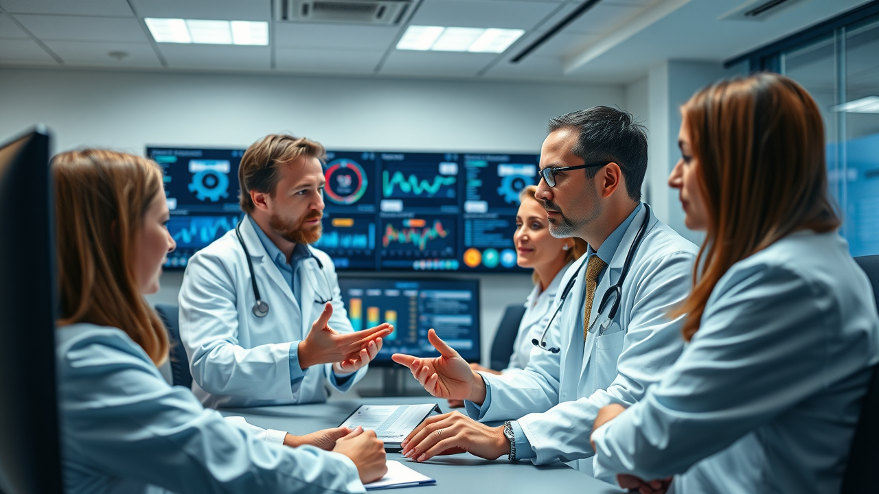 IT team and team of doctors collaborating on integration of patient communication tools with EHR systems in a hospital conference room