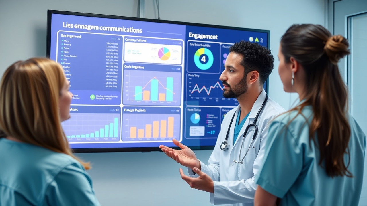 Healthcare team reviewing patient communication data on a large digital screen, visualizing engagement metrics.