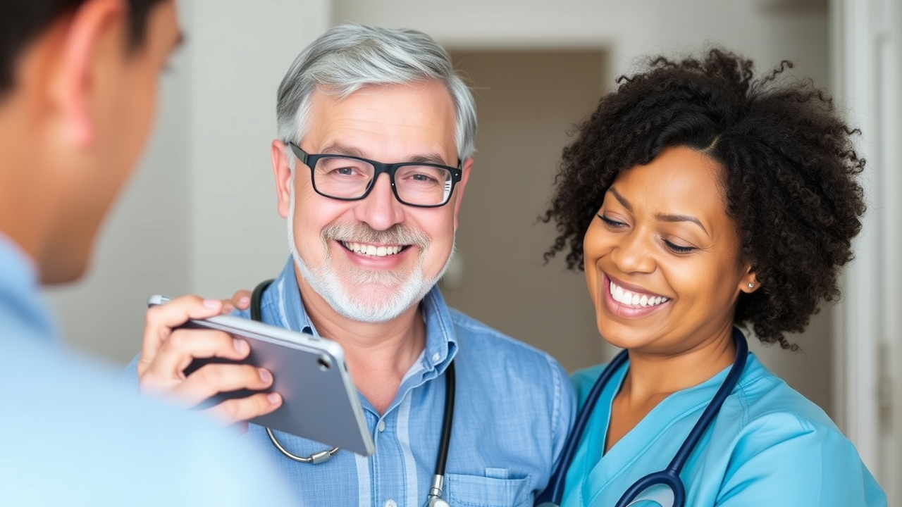 Smiling patient using a tablet to message their healthcare provider, highlighting trust and engagement.