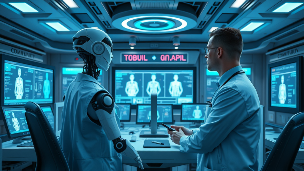 futuristic healthcare command center using AI-powered patient communication tools for patient safety