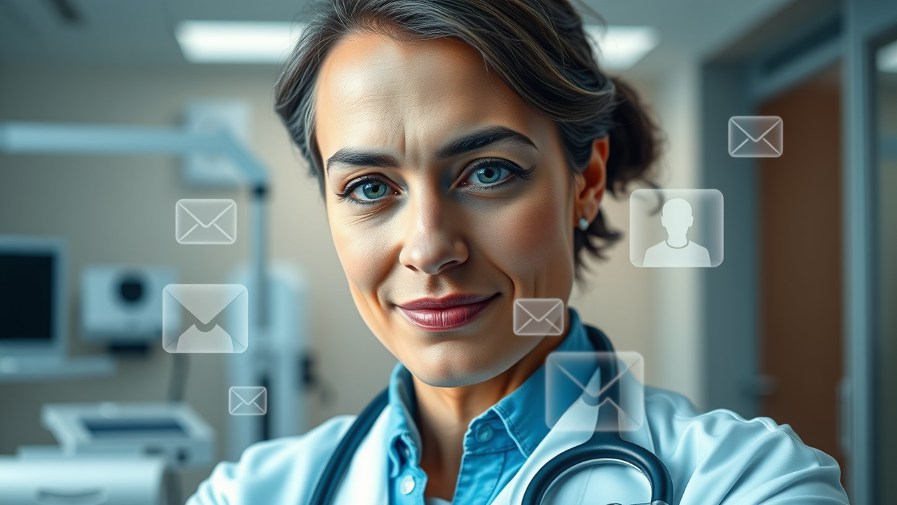 Healthcare provider sending personalized digital communication, with icons for chat, email, and mobile alerts floating around.