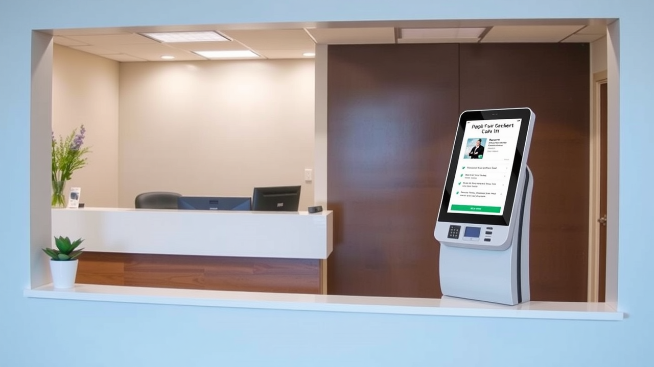 Medical office reception with digital kiosks for self-check-in and appointment scheduling.