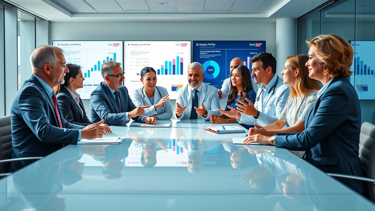 healthcare marketing executives strategizing campaign in modern hospital meeting, digital charts in conference room