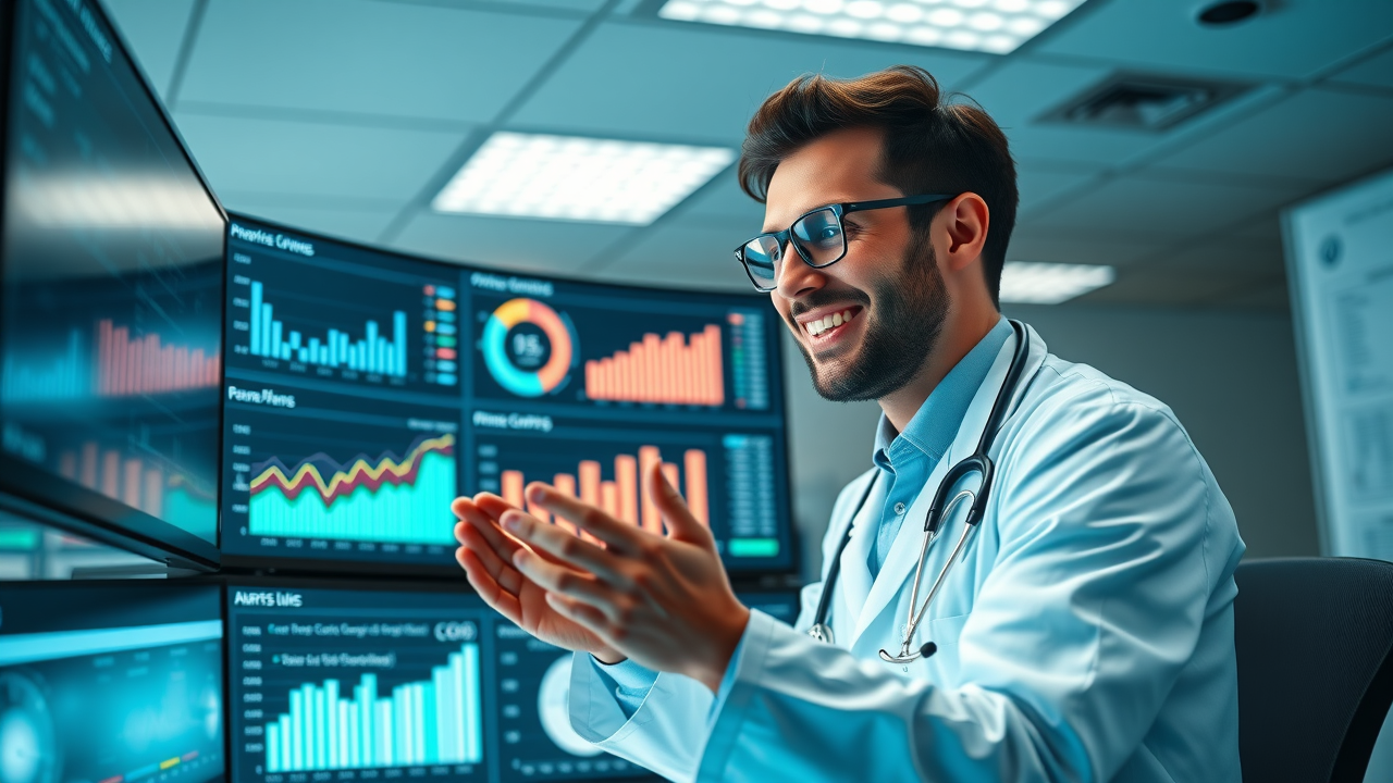 focused healthcare doctor analyzing digital campaign results on interactive dashboard in modern healthcare office
