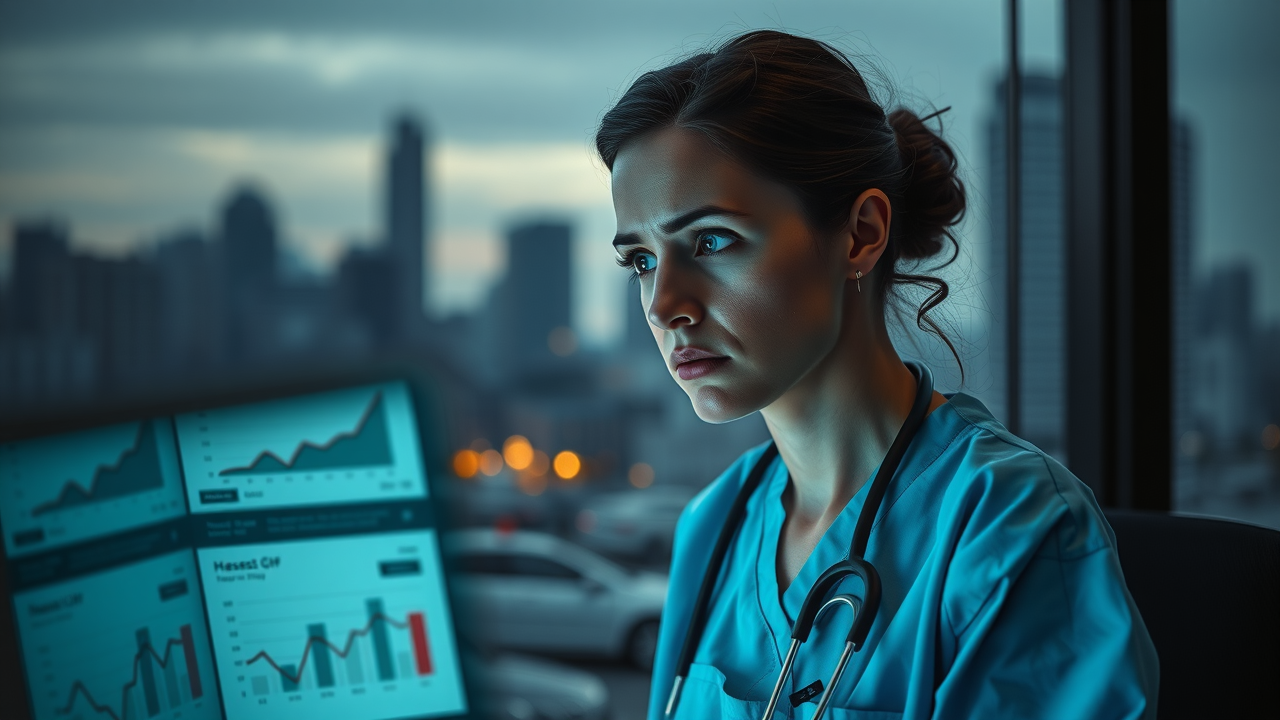 concerned healthcare professional reviewing failed digital performance data in modern office