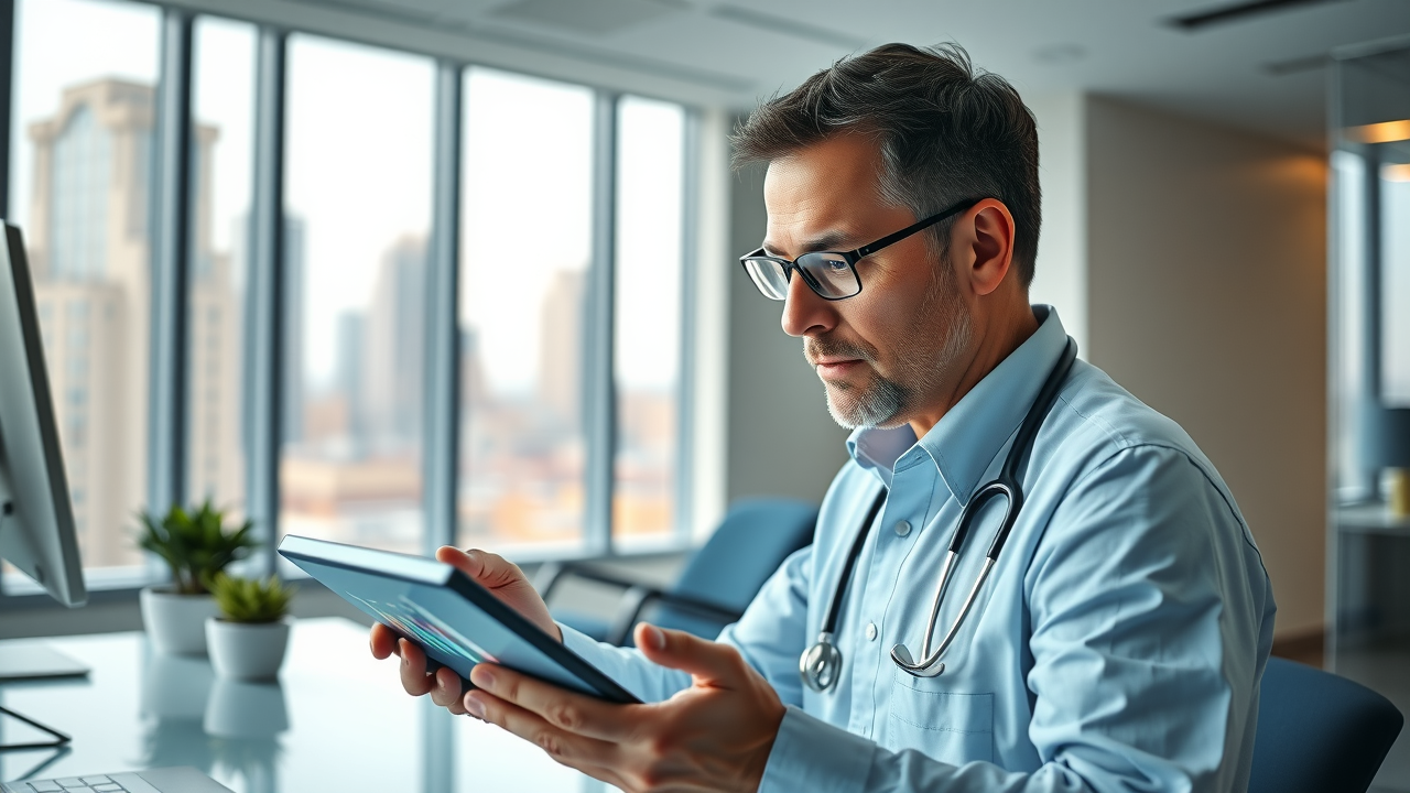 A doctor reviewing social media analytics on a tablet, with graphs and metrics visible.