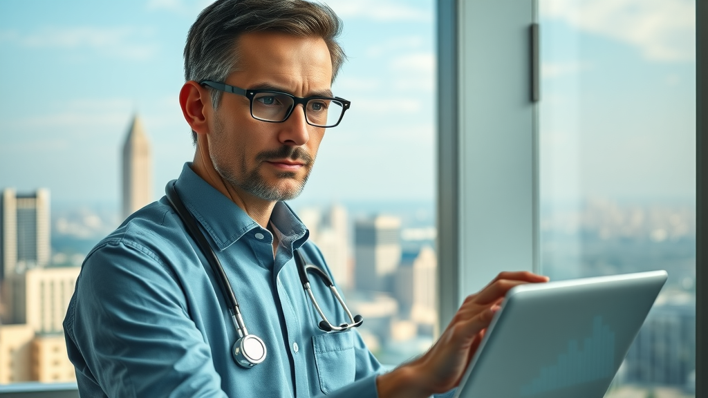 healthcare analyst reviewing digital marketing metrics with dashboards and graphs in modern office