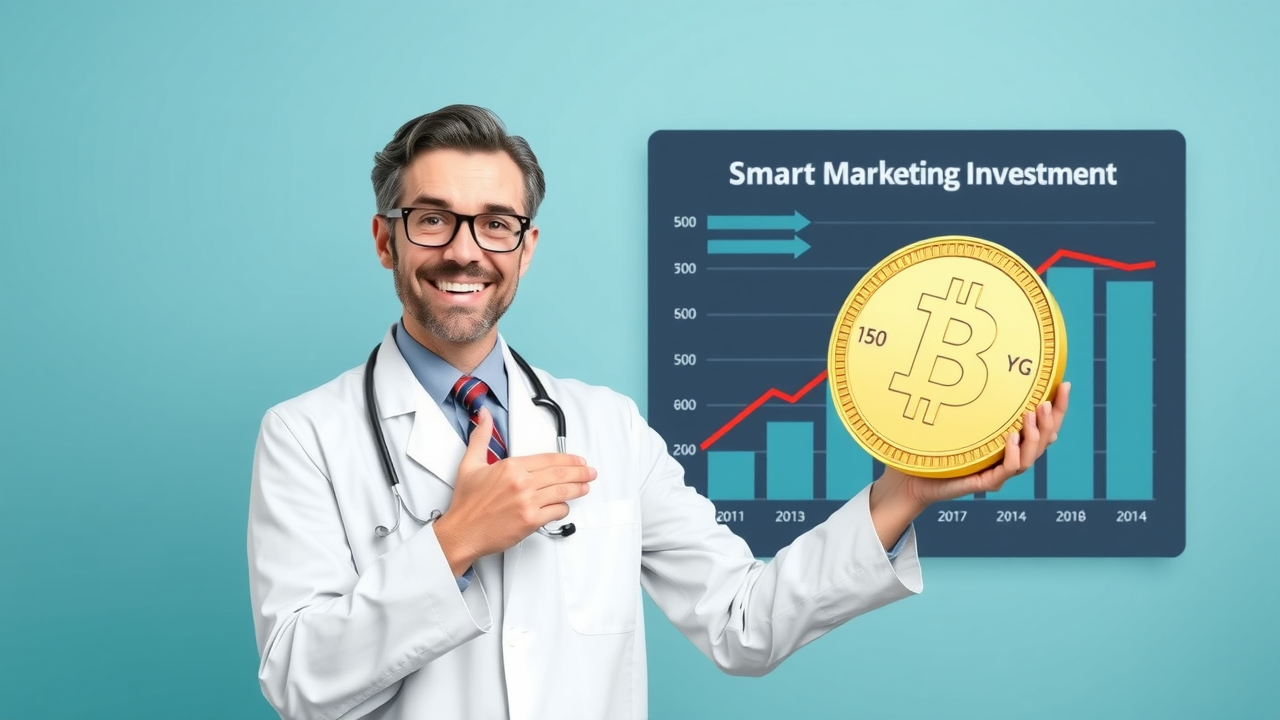 A happy doctor holding a giant gold coin next to a chart labeled “Smart Marketing Investment.”