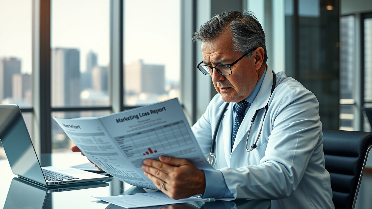 A hospital executive looking concerned at a “Marketing Loss Report,” highlighting the financial consequences of poor strategy.