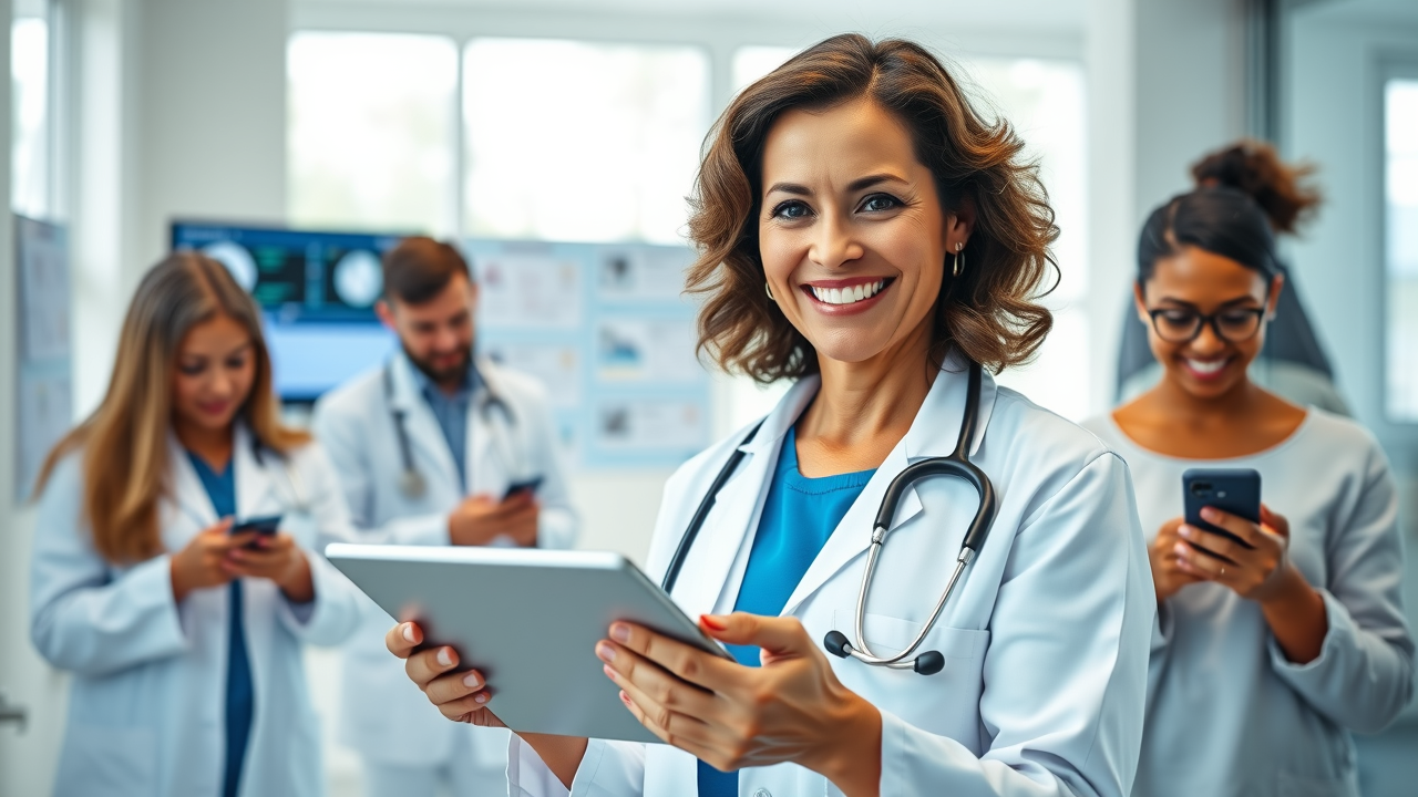 A smiling doctor using a tablet to send reminders, with patients receiving messages on their phones, symbolizing automated patient outreach