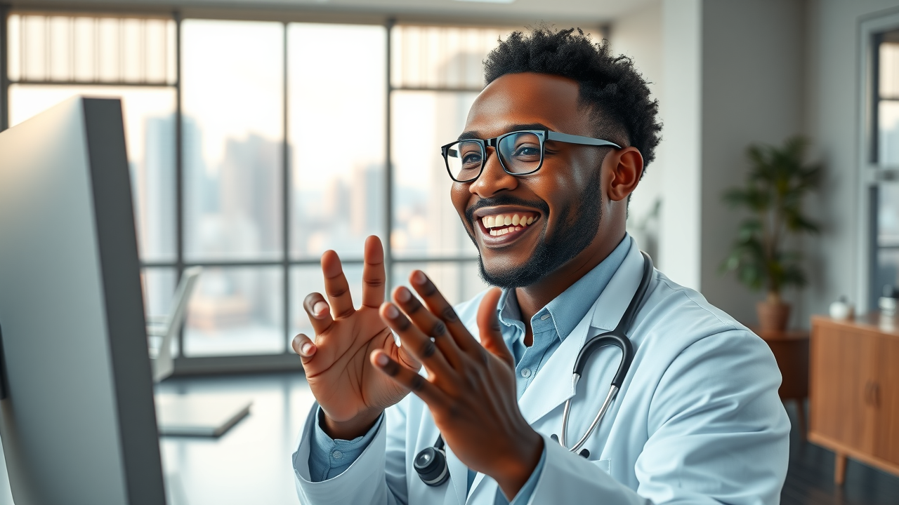 A doctor making a video call with a patient, representing virtual outreach and improved communication.