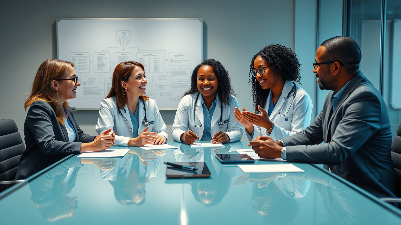 uplifting healthcare team discussing patient engagement strategies in a modern office - boardroom with flowcharts