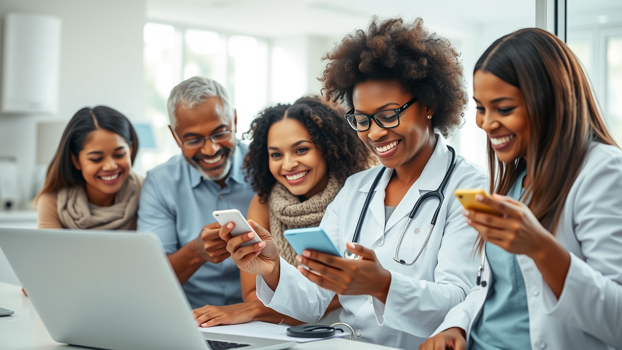 A happy patient family receiving appointment reminders on their phones, while a doctor monitors results from a laptop.