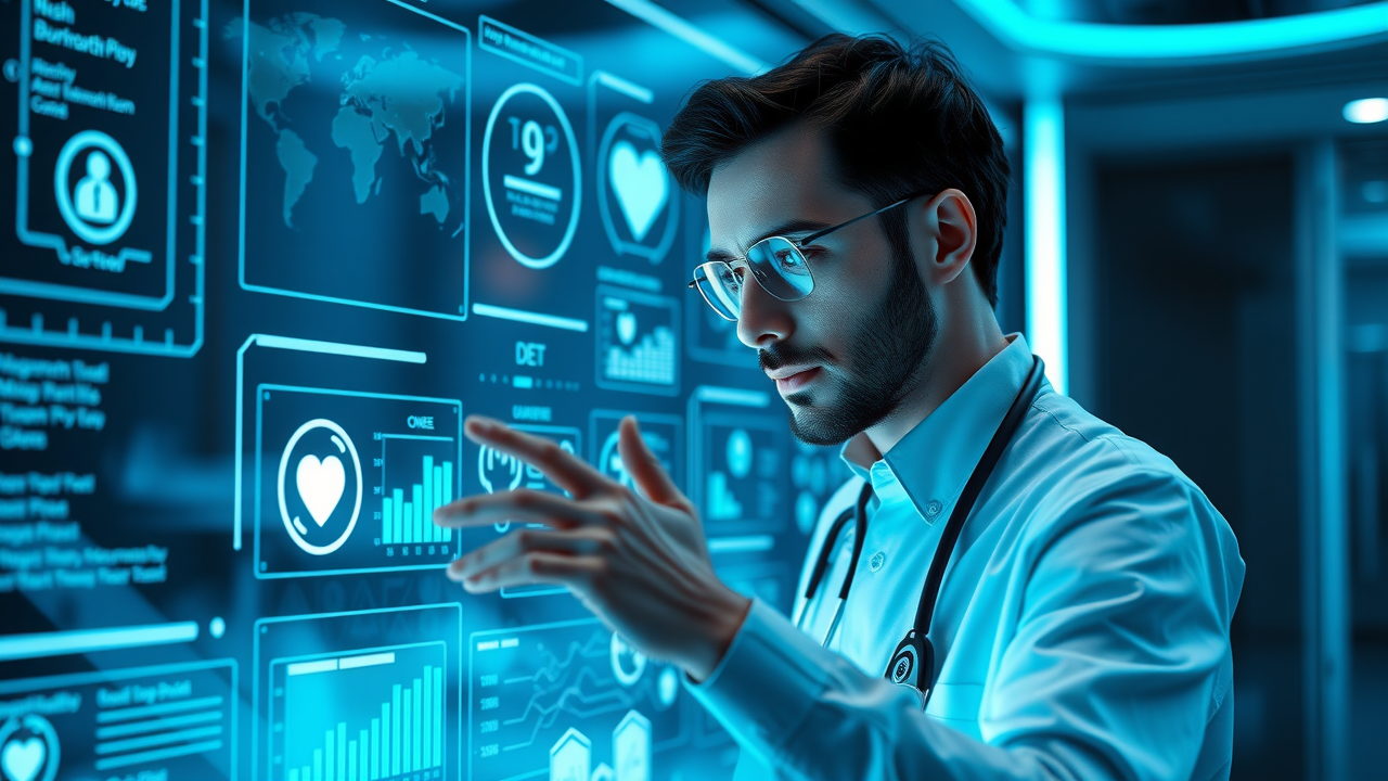 healthcare administrator using futuristic automated patient outreach dashboard in digital clinic