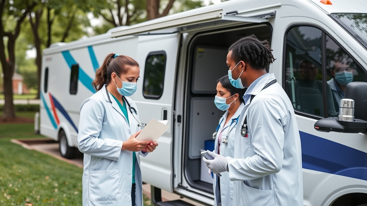 compassionate mobile clinic team providing medical outreach in urban park as part of community patient outreach program