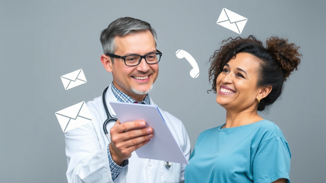 A smiling physician handing a patient a care plan, with icons of emails, texts, and calls floating around to symbolize outreach.