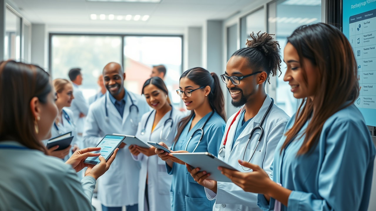 scene of a busy clinic where digital reminders, follow-ups, and patient feedback tools are visibly saving time and money.