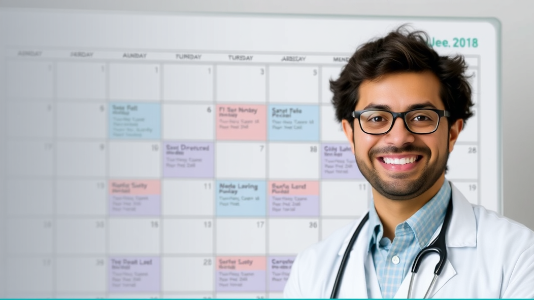 A smiling doctor standing in front of a calendar with fewer canceled appointments, showing how outreach reduces costly no-shows.