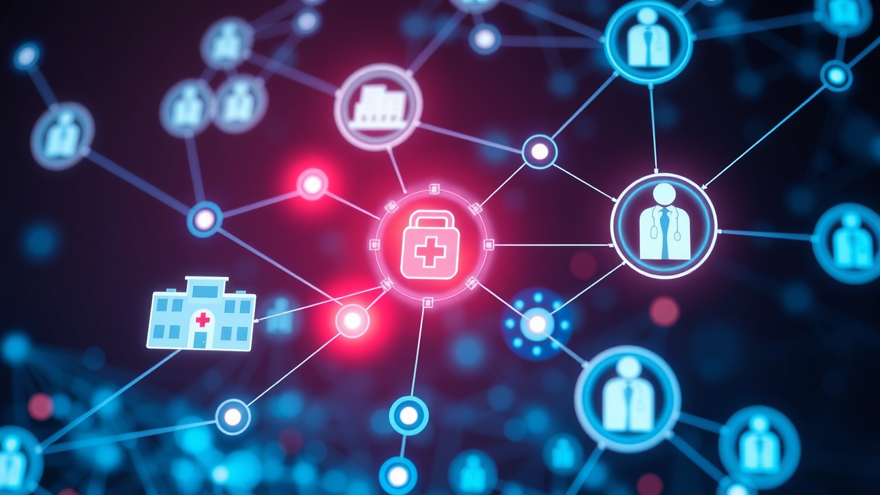 Abstract concept of electronic health records: glowing network of connected hospitals, doctors, and patients, linked by secure digital lines, with a central medical file icon