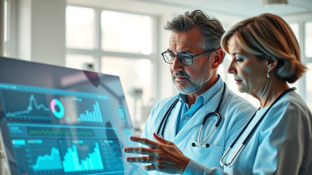 A healthcare provider and patient reviewing health data together on a large digital screen, emphasizing transparency and collaboration