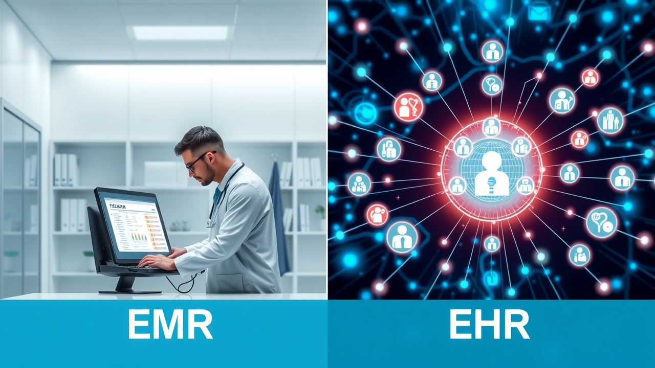Side-by-side infographic-style illustration comparing Electronic Health Records (EHR) vs. Electronic Medical Records (EMR): on the left, a small clinic doctor using a computer with a limited patient chart labeled ‘EMR’; on the right, a connected network of hospitals, specialists, and patients sharing comprehensive digital data labeled ‘EHR’. Clean, modern, and professional healthcare design.
