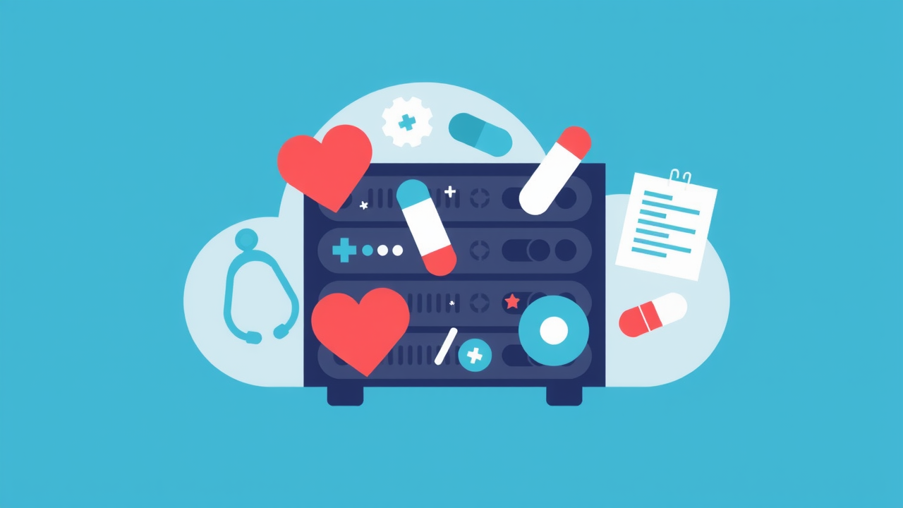 Minimalist illustration of a cloud-shaped server filled with medical icons (stethoscope, heart, pills, lab results), representing secure cloud-based EHR systems
