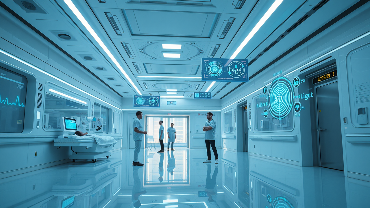 Futuristic hospital with AI-driven dashboards, digital patient wristbands, and connected devices feeding into an EHR system