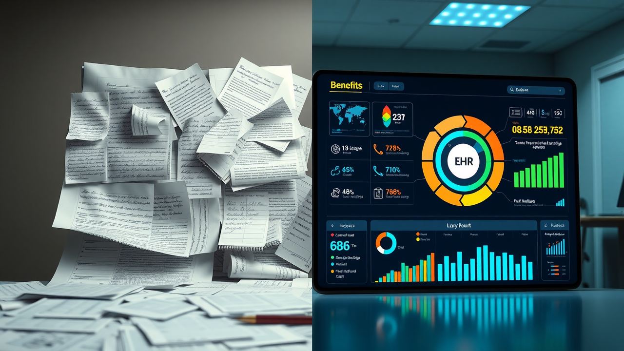 Side-by-side comparison: a cluttered paper chart vs. a sleek digital dashboard showing EHR benefits, in infographic-style design