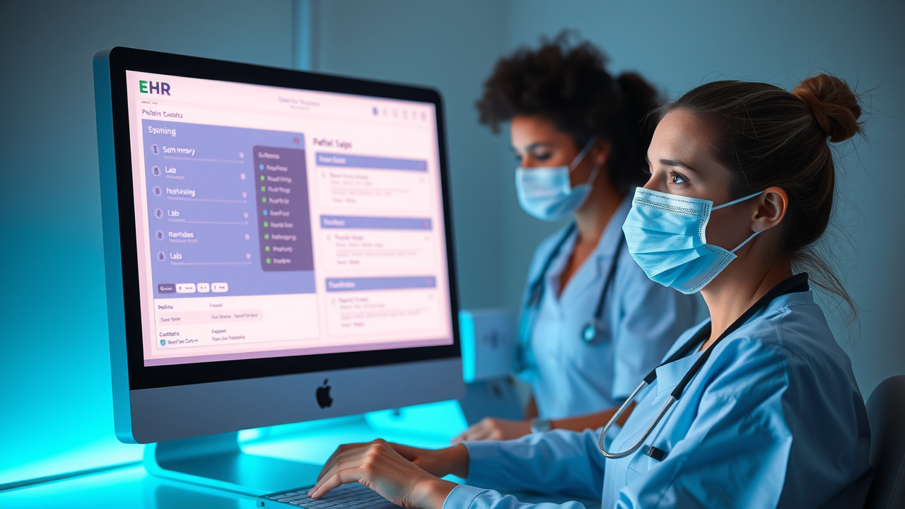 A nurse or physician logging into an EHR system on a modern computer, with glowing interface showing patient summary, labs, and reminders