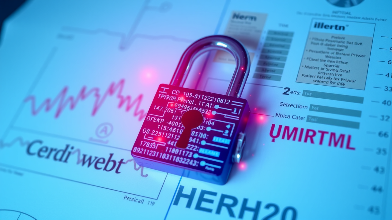 lose-up of a secure digital lock overlaid on patient charts, symbolizing data privacy and HIPAA compliance in EHRs
