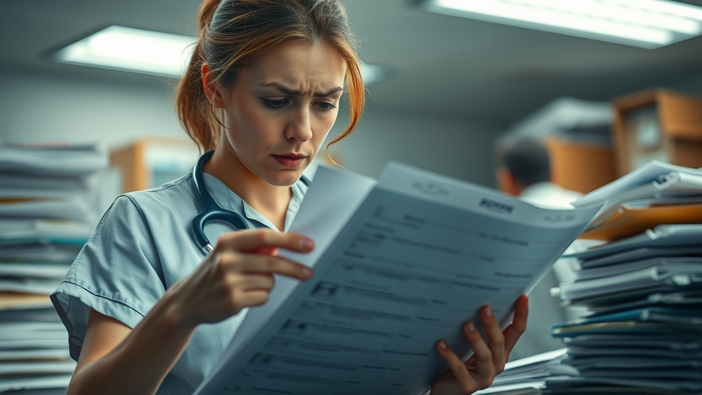 overwhelmed nurse reviewing appointment records, stressed by outdated follow-up systems; impact of outdated patient follow-up systems on care providers