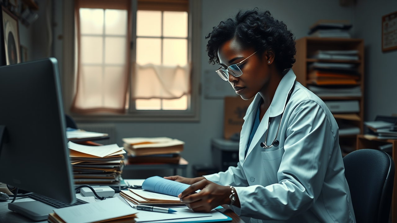 A somber middle-aged healthcare provider, wearing a white lab coat and glasses reviewing outdated paper charts and a cluttered desk 
