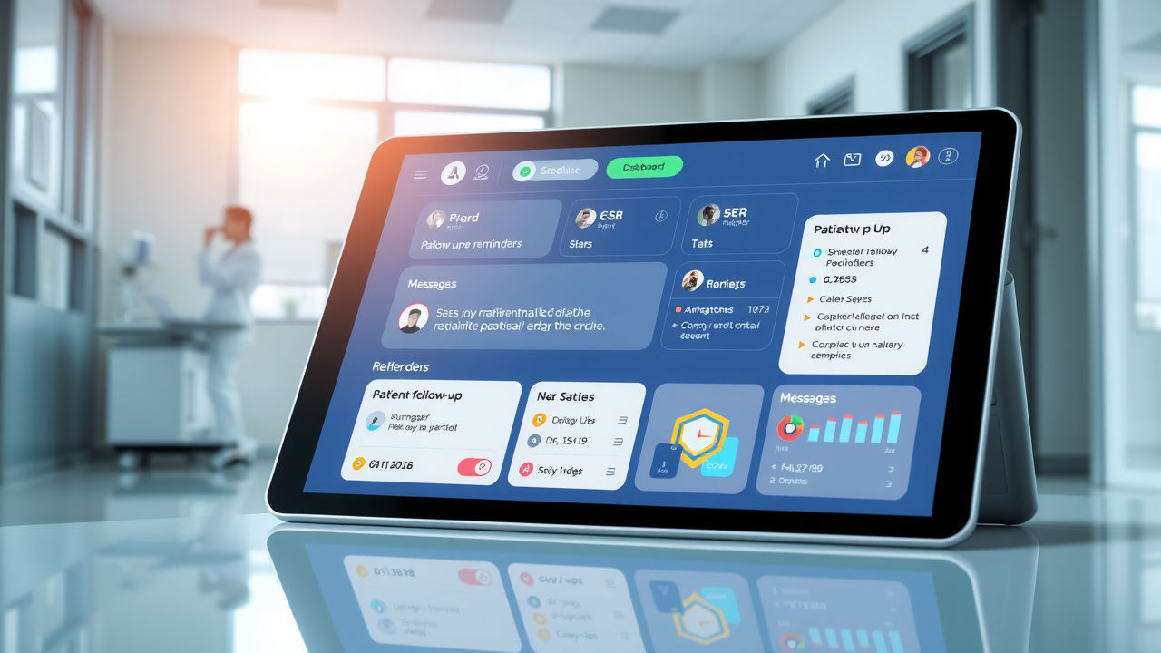 Healthcare dashboard interface on a tablet showing patient follow-up reminders, messages, and scheduling alerts, with clean modern design