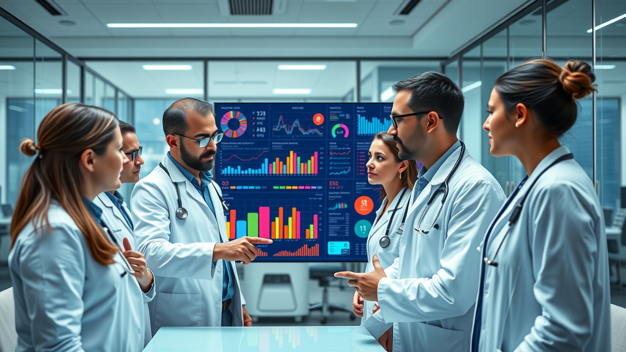 diverse medical team reviewing patient follow up and engagement data; modern patient follow-up systems coordination among care providers