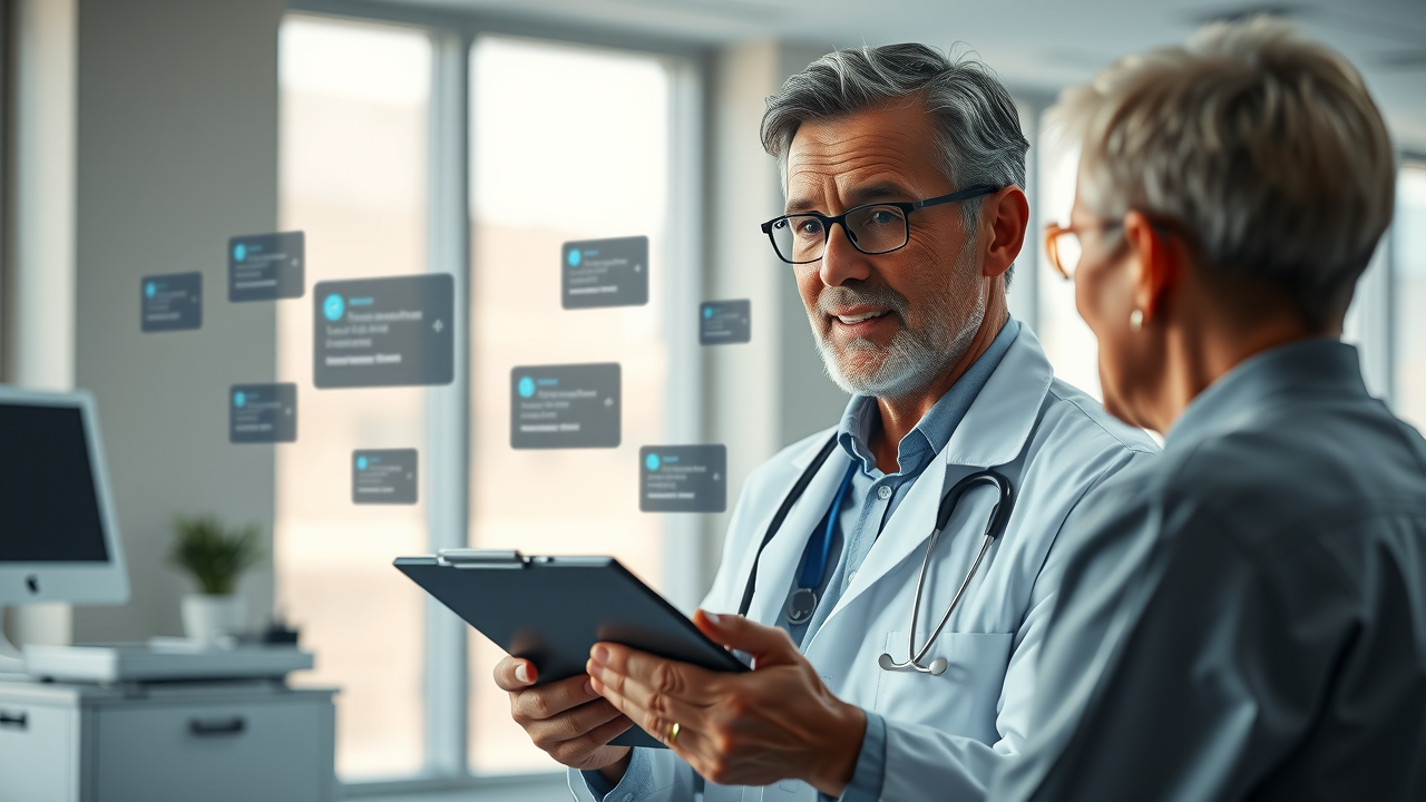 Doctor holding a clipboard while talking to a patient, with digital icons of reminders, messages, and follow-up notifications floating around them.