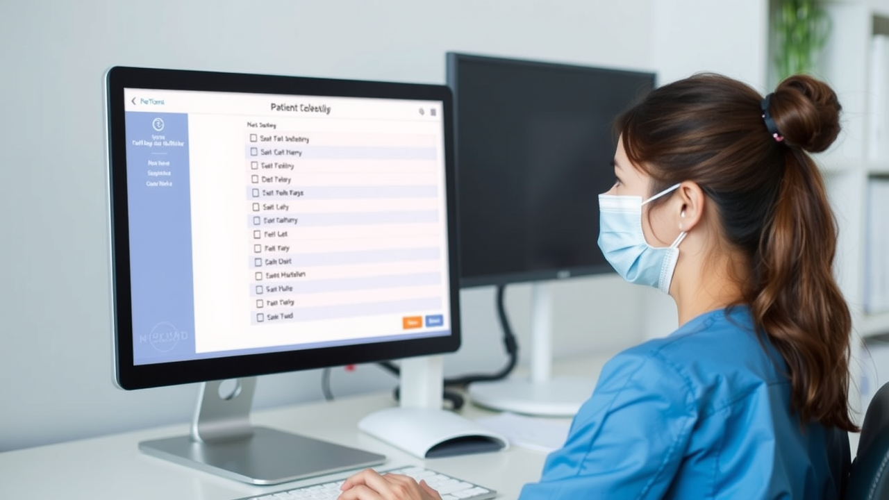 Nurse using a computer with an on-screen patient follow-up checklist marked as completed.