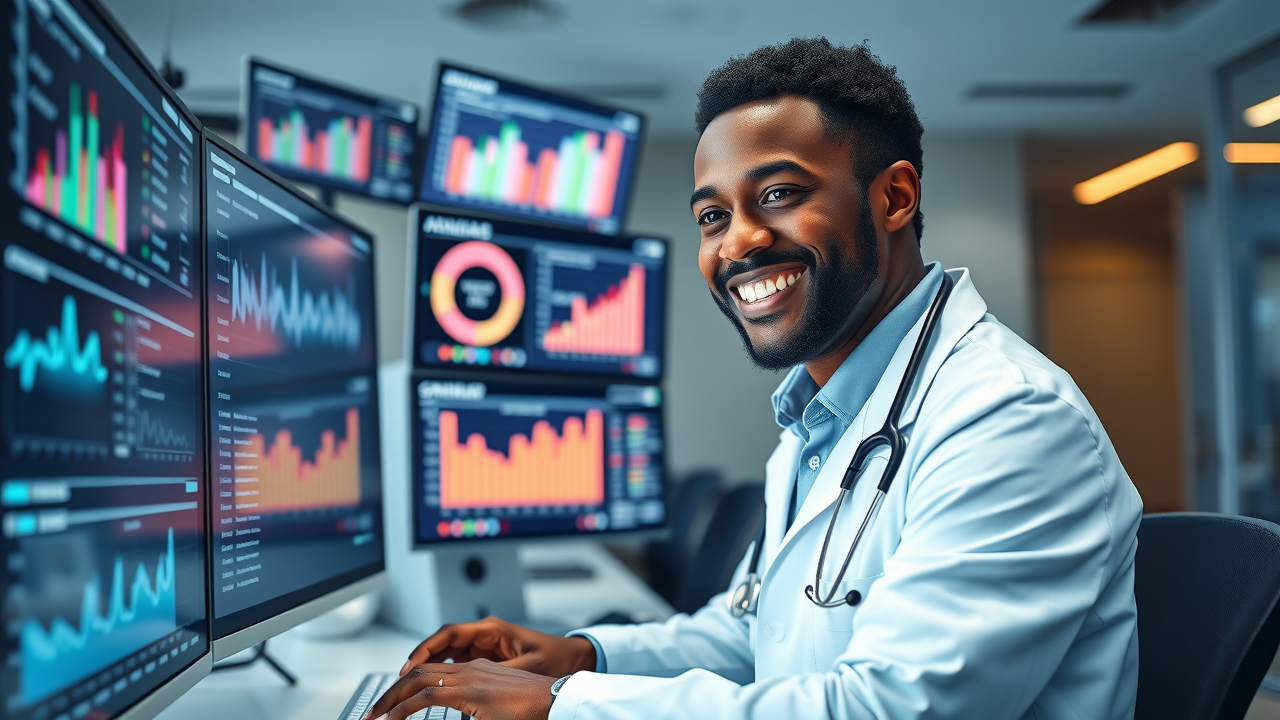 a doctor reviewing patient satisfaction and engagement analytics for follow-up completion