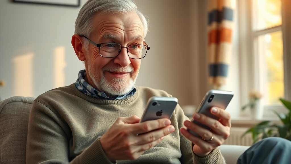 happy elderly patient receiving automated patient follow-up reminder on smartphone; improved patient experience and engagement