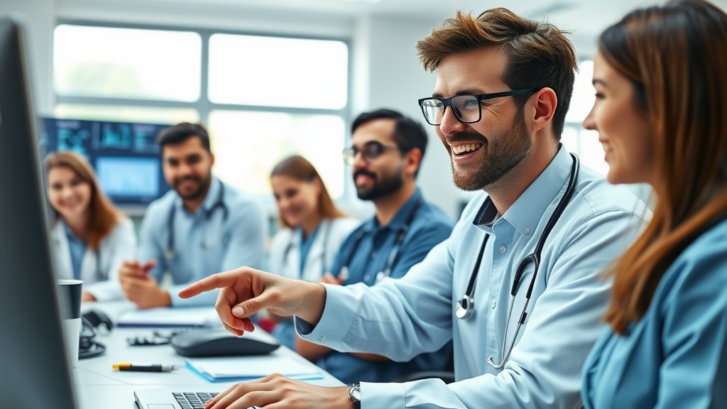 smiling doctor training medical staff on new patient follow-up systems implementation