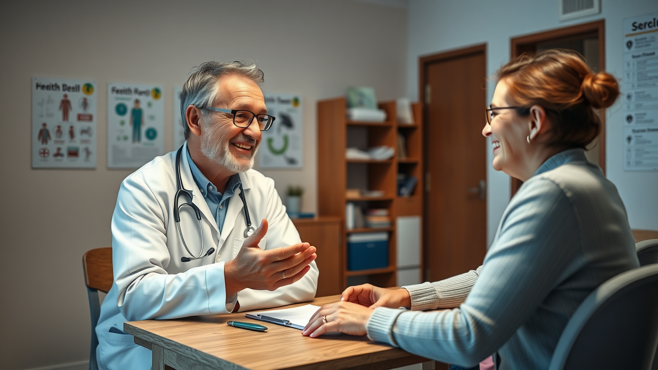 health professional gathering feedback from patient in a consult room; continuous system improvement for patient follow-up