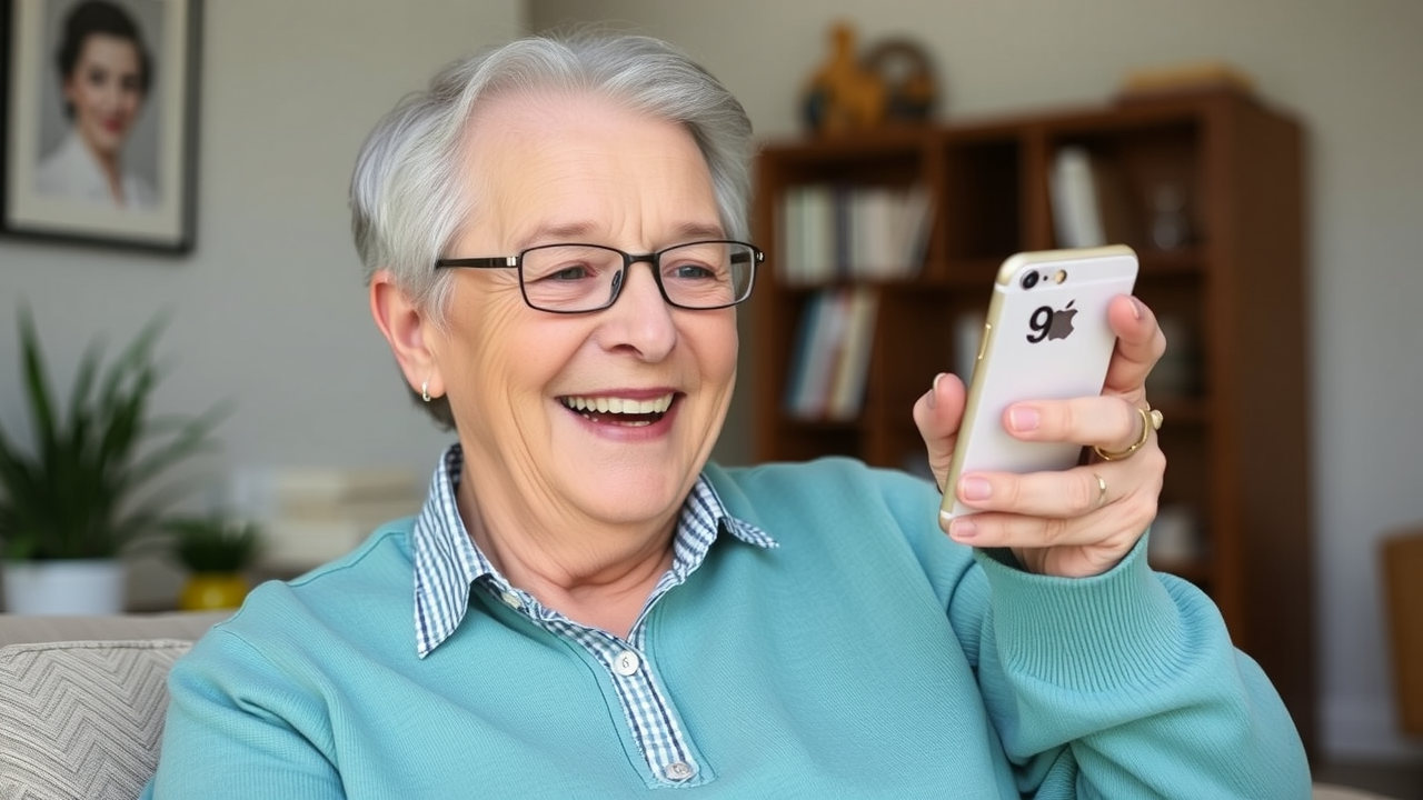 Patient smiling at home while receiving a text reminder on their phone from a healthcare provider.