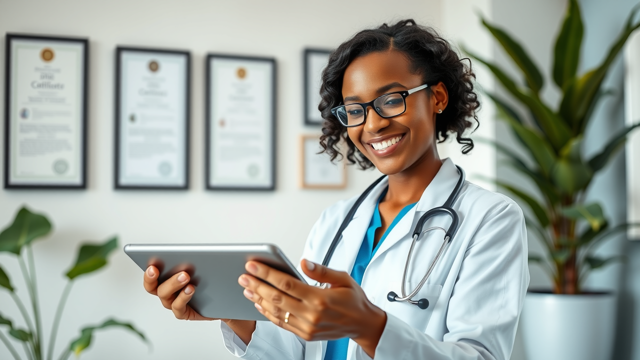 Professional healthcare provider smiling while reading positive patient reviews on a modern tablet