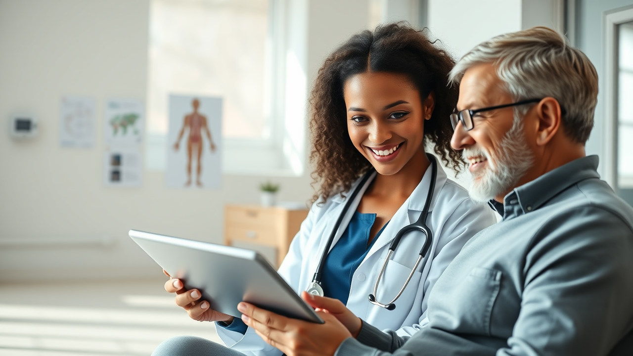 happy young female doctor with a neatly fixed sitting closely with a patient, both focused and engaged as they review online feedback displayed on a sleek tablet 