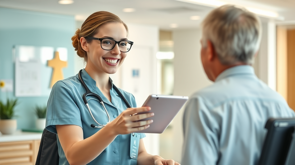 Friendly medical receptionist at check-out desk offering a tablet for patient review, engaging, bright clinic lobby, highly detailed, subtle gesture, soft colors, natural lighting - leave a review