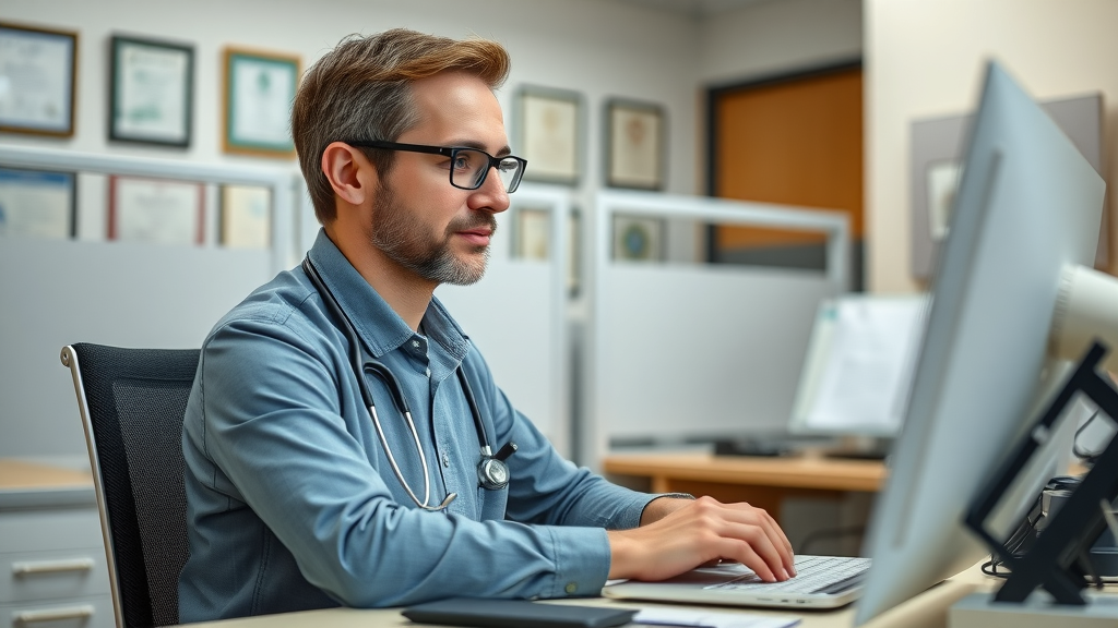 Professional healthcare manager responding to a negative online review calmly and empathetically, office with privacy dividers and certificates, highly detailed - negative review patient satisfaction